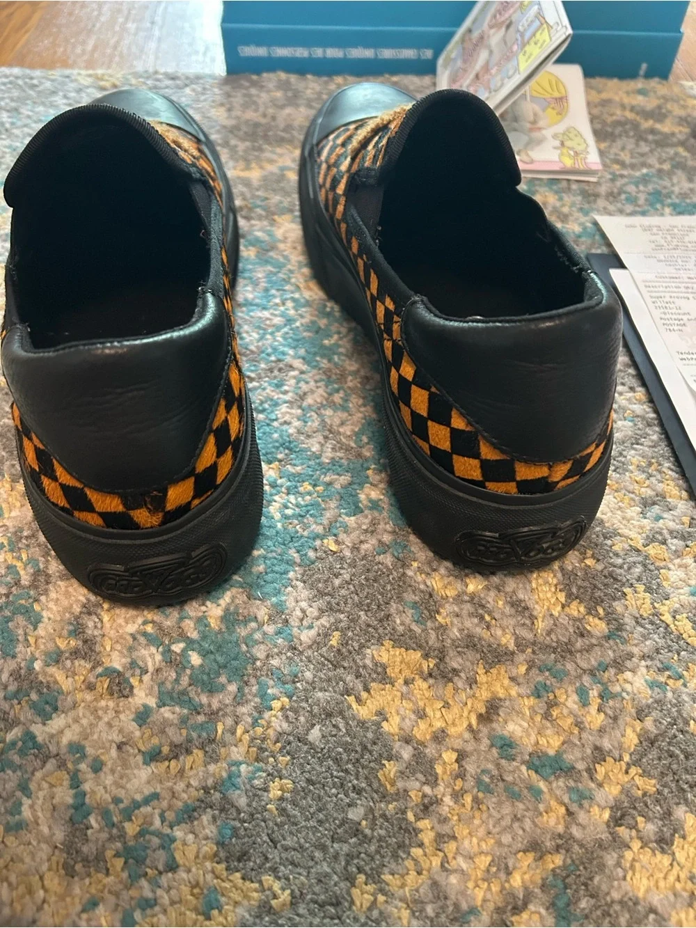 John Fluevog Black & Orange Checkerboard Slip-On Shoes Leather